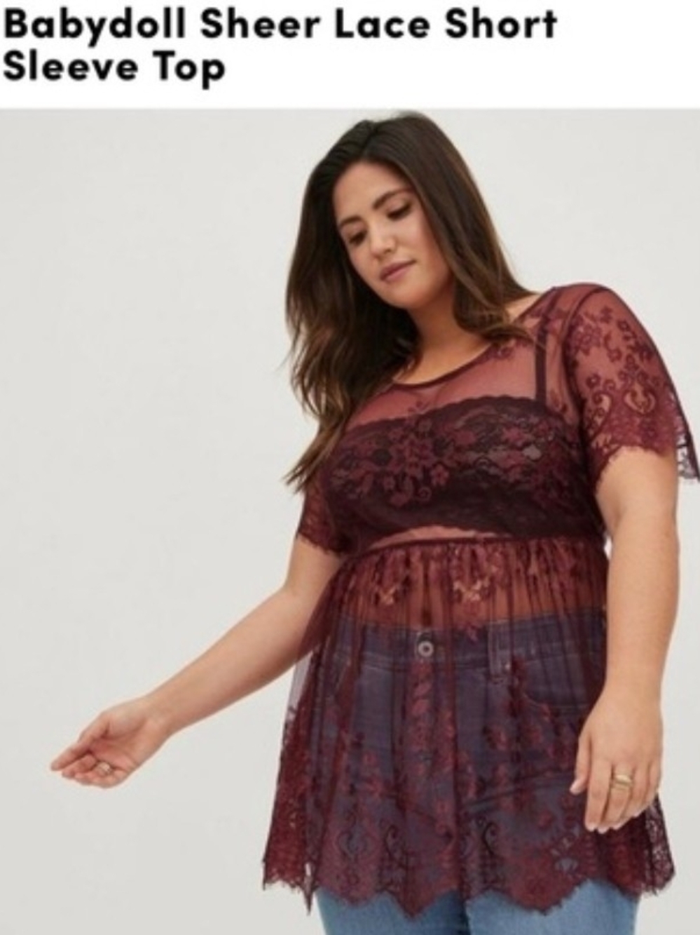 Torrid Sheer Lace Babydoll Short Sleeve Top — Burgundy
